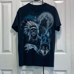 Native American Indian Chief Shaman Skull Wolves Moon Used T-Shirt size M